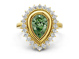 Yellow gold Fancy Green Pear  Halo Diamond Ring with Milgrain Edge and Round Prong Setting_43