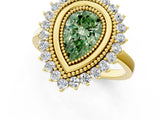 Yellow gold Fancy Green Pear  Halo Diamond Ring with Milgrain Edge and Round Prong Setting_44
