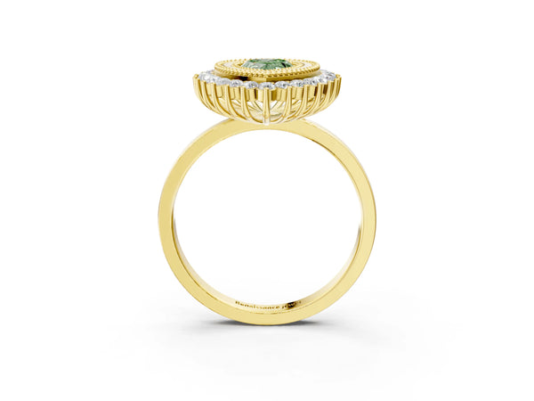 Yellow gold Fancy Green Pear  Halo Diamond Ring with Milgrain Edge and Round Prong Setting