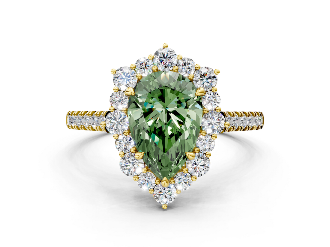 Yellow gold Fancy Green Pear  Halo Diamond Ring with Pavé Band and Prong Setting_20