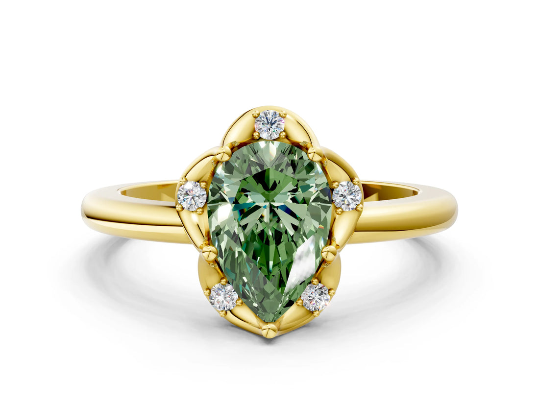 Yellow gold Fancy Green Pear  Halo Diamond Ring with Round Cluster Setting, Solitaire Band, and Four-Prong Setting_49