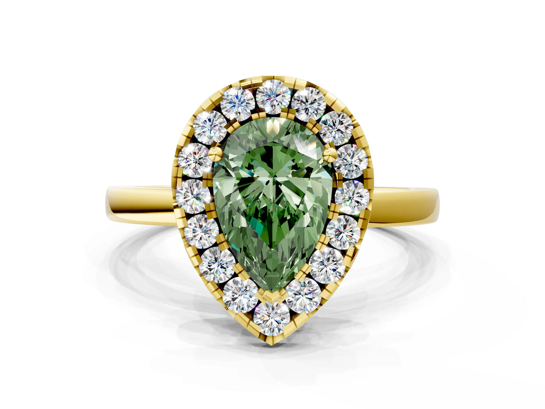 Yellow gold Fancy Green Pear  Halo Diamond Solitaire with Pavé Band and Four-Prong Setting_72