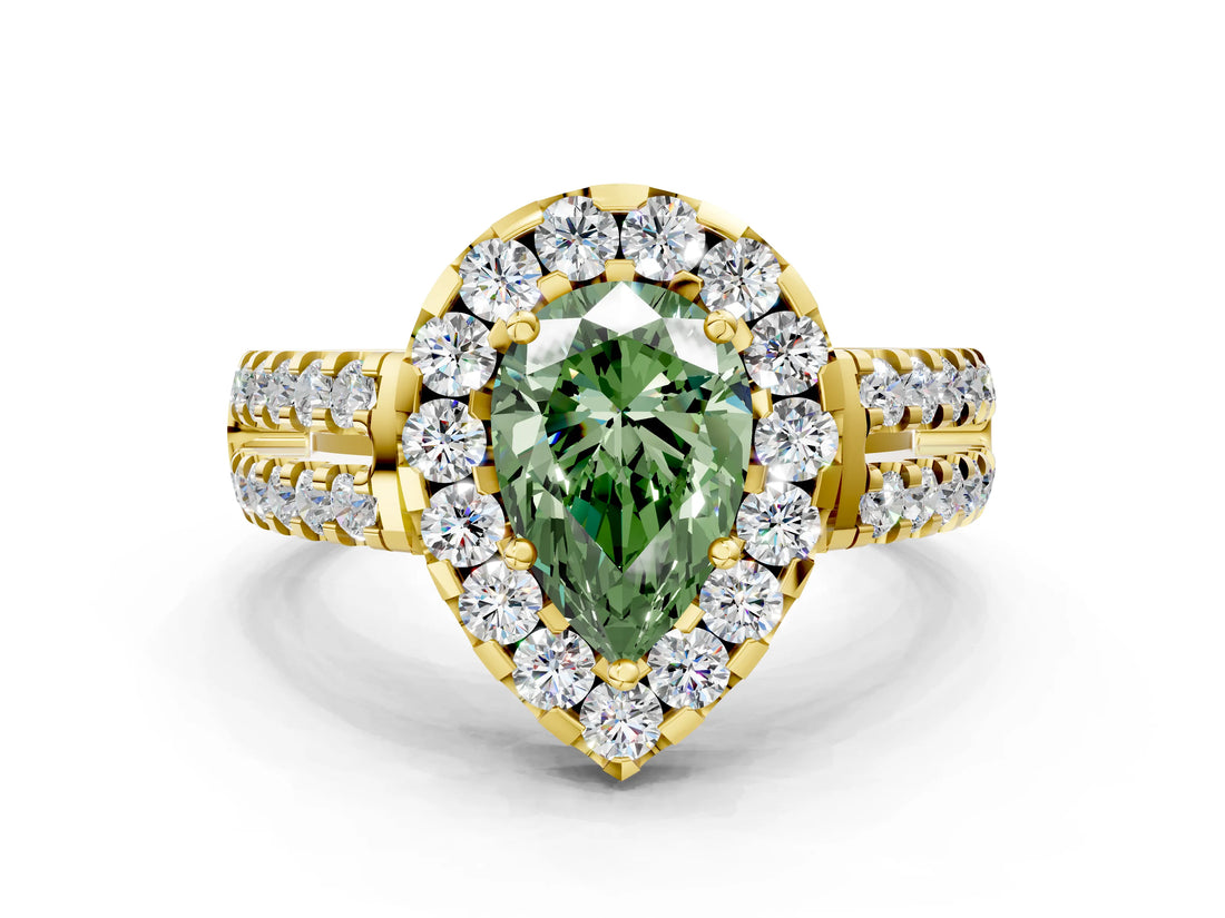 Yellow gold Fancy Green Pear  Halo Diamond Split Shank Engagement Ring with Prong Setting_57