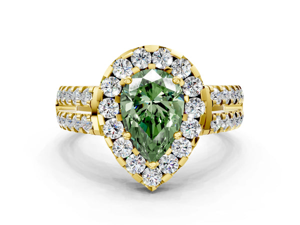 Yellow gold Fancy Green Pear  Halo Diamond Split Shank Engagement Ring with Prong Setting