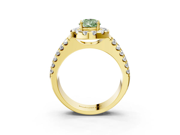Yellow gold Fancy Green Pear  Halo Diamond Split Shank Engagement Ring with Prong Setting