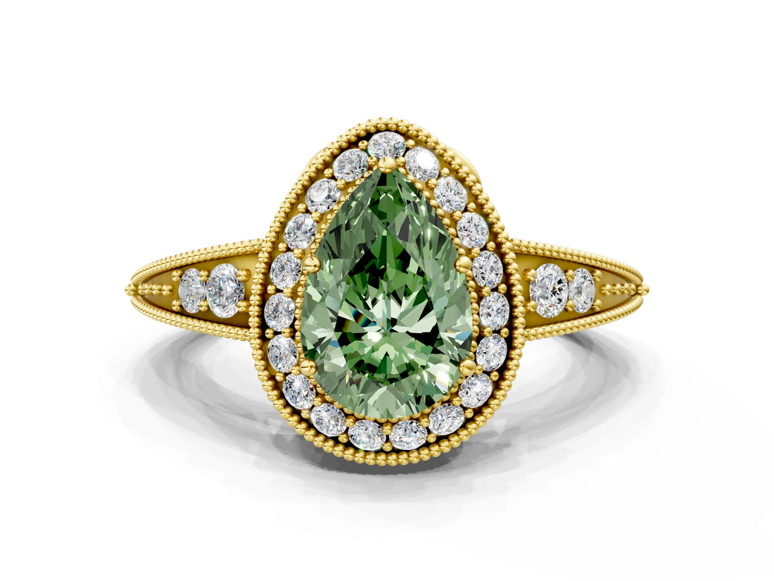 Yellow gold Fancy Green Pear  Halo Diamond Split Shank Ring with Milgrain Detail_48