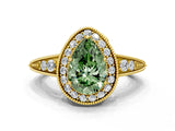 Yellow gold Fancy Green Pear  Halo Diamond Split Shank Ring with Milgrain Detail_48