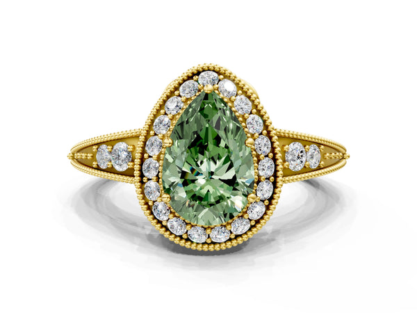 Yellow gold Fancy Green Pear  Halo Diamond Split Shank Ring with Milgrain Detail