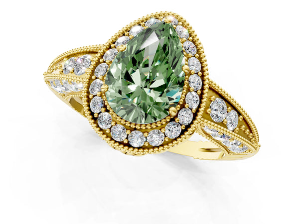 Yellow gold Fancy Green Pear  Halo Diamond Split Shank Ring with Milgrain Detail