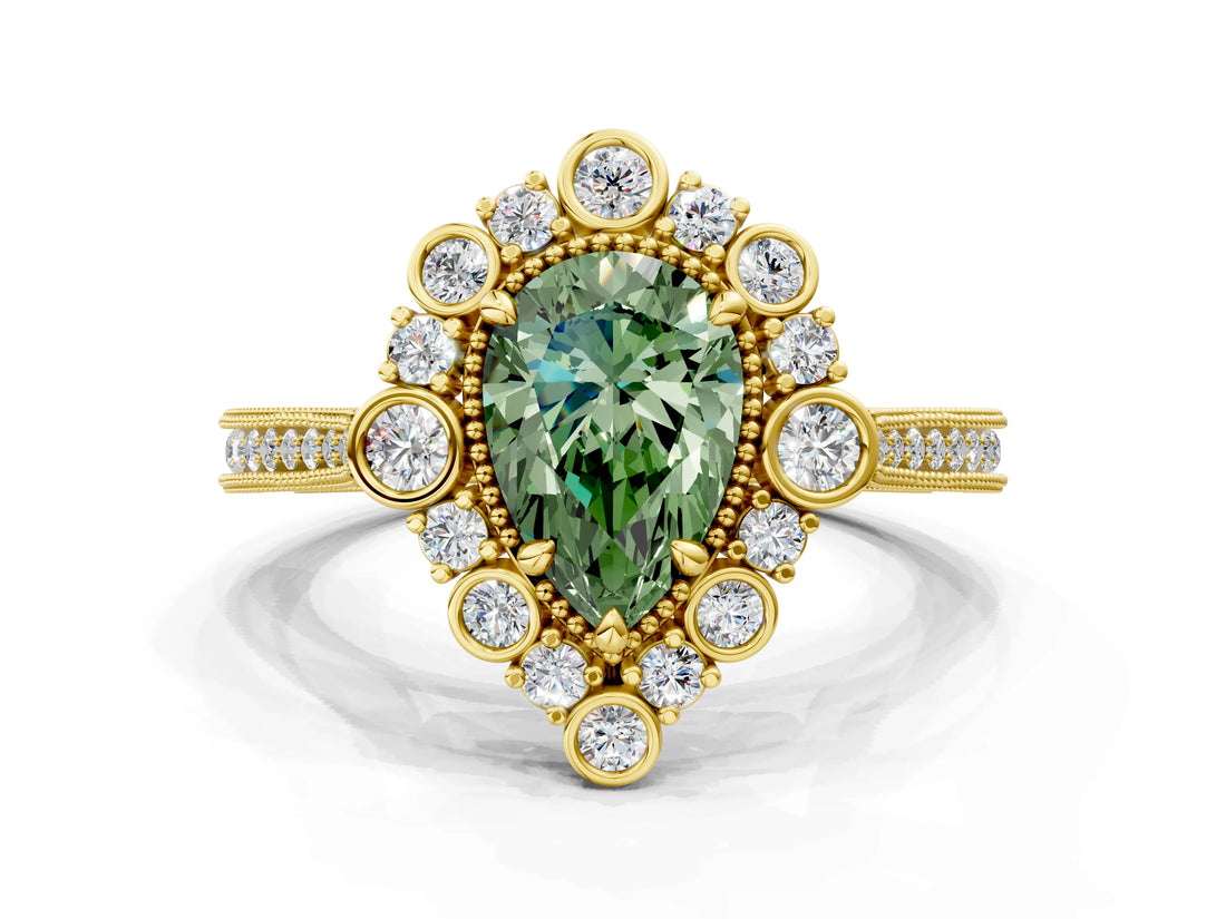 Yellow gold Fancy Green Pear  Halo Milgrain Pave Diamond Ring with Four-Prong Setting 1