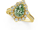 Yellow gold Fancy Green Pear  Halo Milgrain Pave Diamond Ring with Four-Prong Setting 2