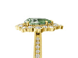 Yellow gold Fancy Green Pear  Halo Milgrain Pave Diamond Ring with Four-Prong Setting