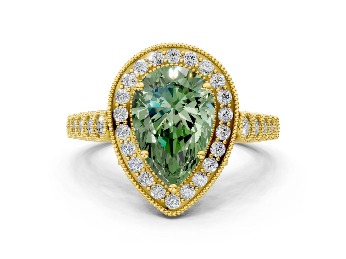 Yellow gold Fancy Green Pear  Halo Milgrain Solitaire with Bezel Set Side Stones and Pave Band_32