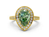 Yellow gold Fancy Green Pear  Halo Milgrain Solitaire with Bezel Set Side Stones and Pave Band_32