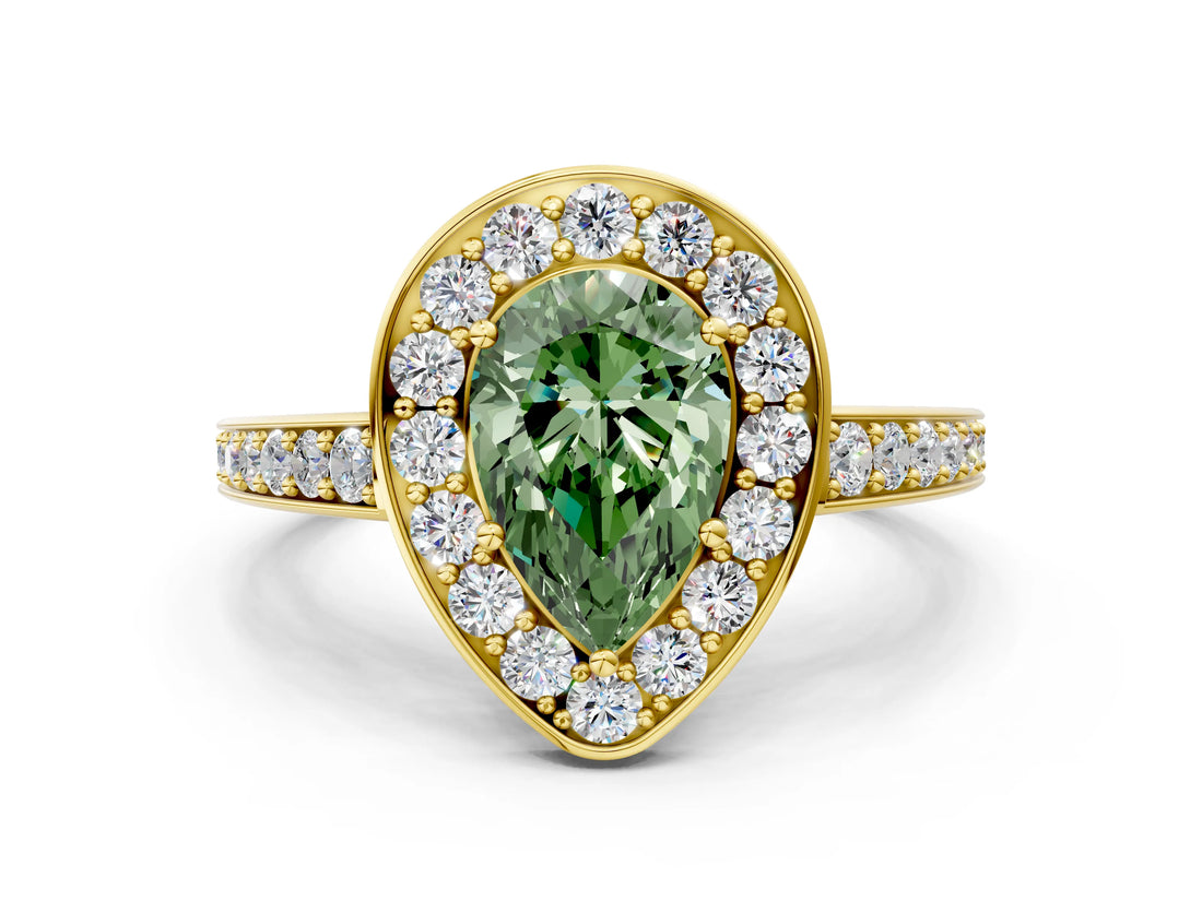 Yellow gold Fancy Green Pear  Halo Pavé Diamond Engagement Ring with Bezel Setting_37