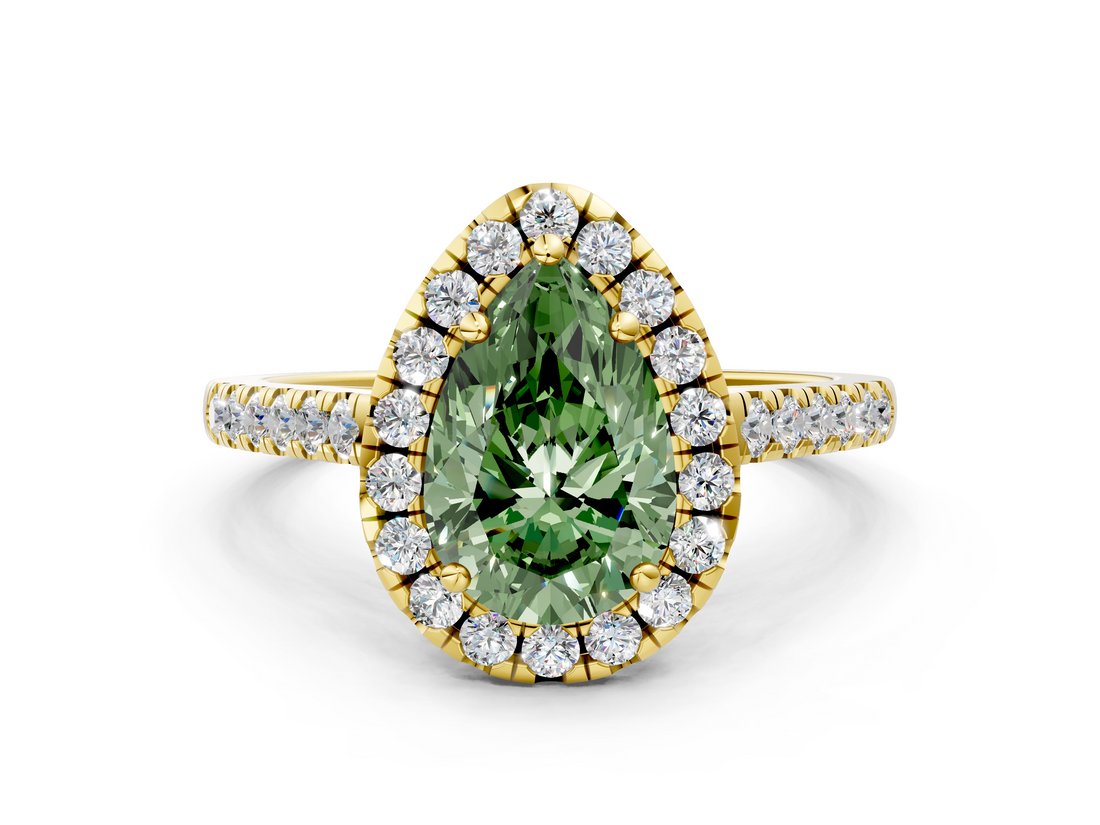 Yellow gold Fancy Green Pear  Halo Pavé Diamond Engagement Ring with Four-Prong Setting_3