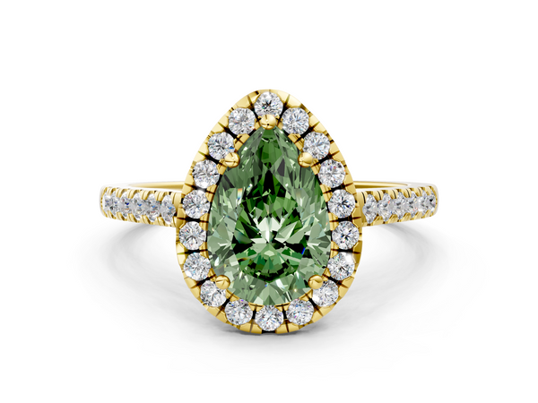 Yellow gold Fancy Green Pear  Halo Pavé Diamond Engagement Ring with Four-Prong Setting