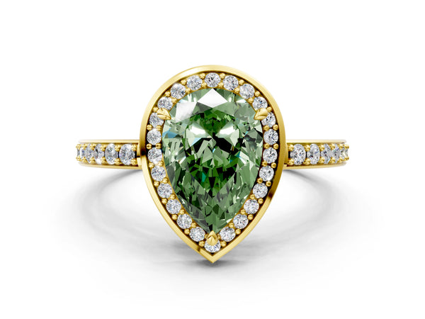 Yellow gold Fancy Green Pear  Halo Pave Band Solitaire Ring with Prong Setting