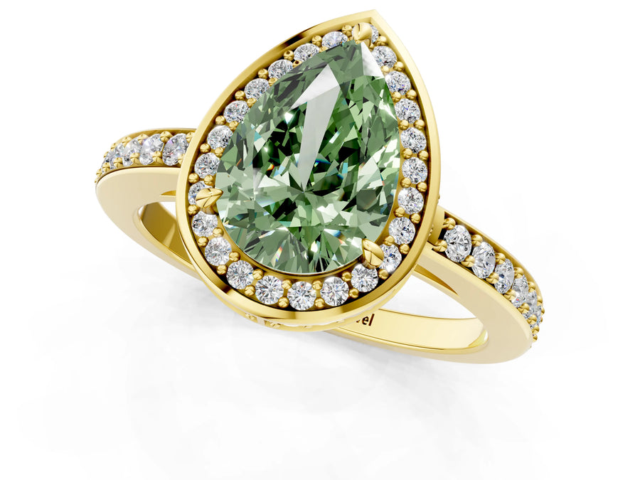Yellow gold Fancy Green Pear  Halo Pave Band Solitaire Ring with Prong Setting