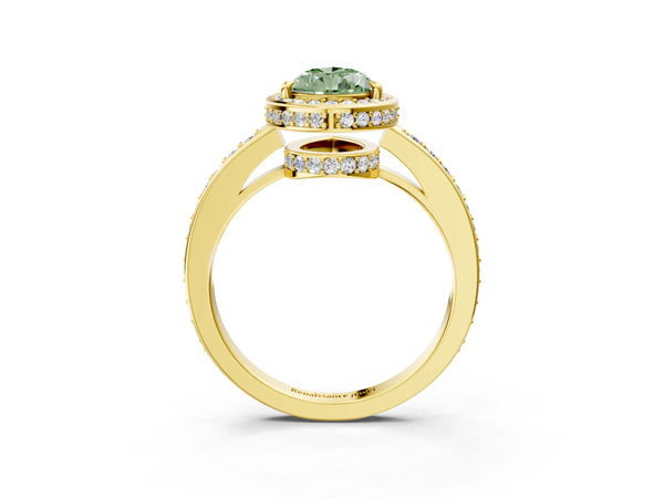 Yellow gold Fancy Green Pear  Halo Pave Band Solitaire Ring with Prong Setting