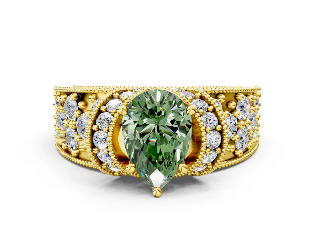 Yellow gold Fancy Green Pear  Halo Pave Diamond Engagement Ring with Milgrain Detailing_49