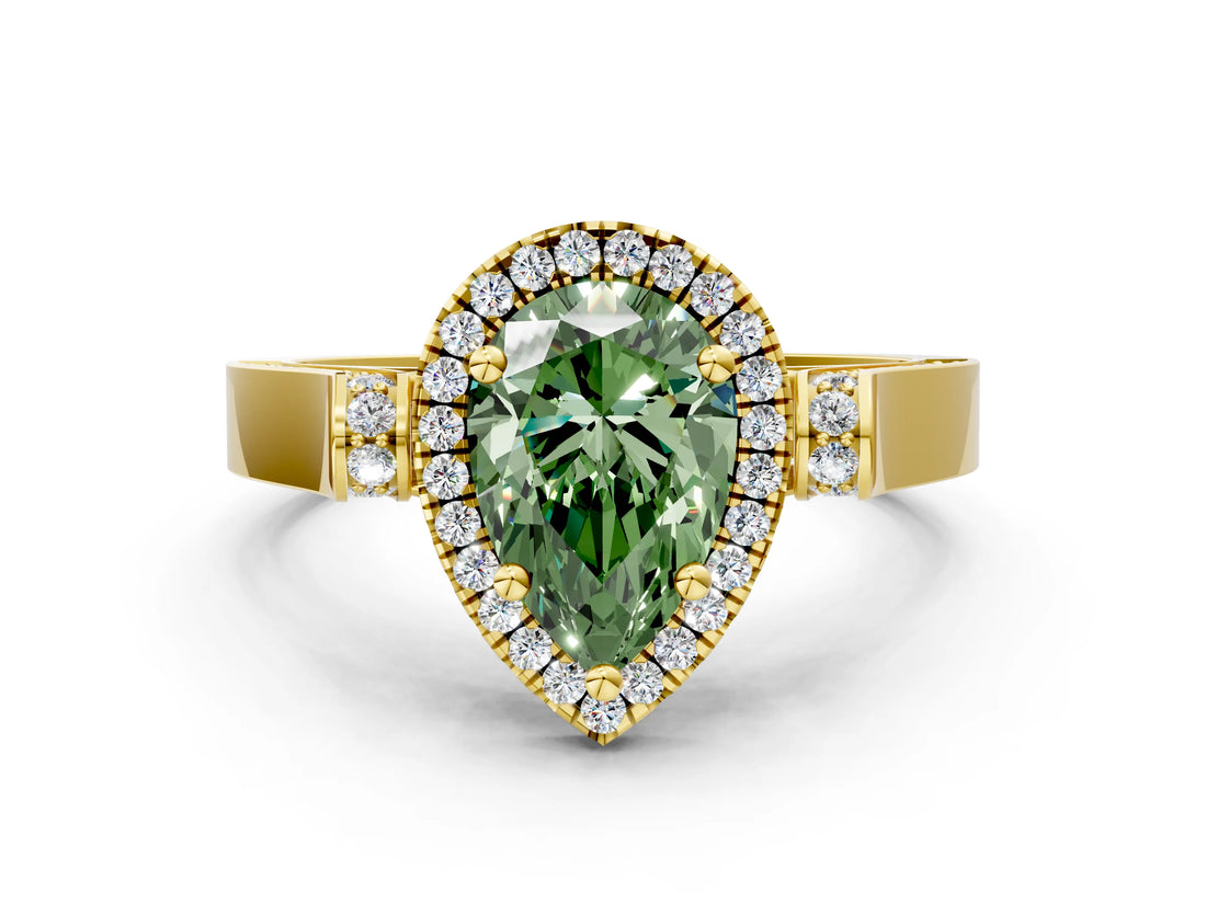 Yellow gold Fancy Green Pear  Halo Pave Split Shank Prong Setting Ring_27