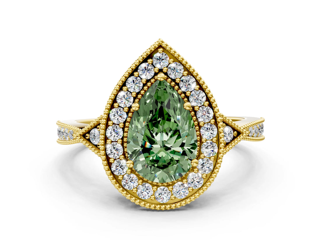 Yellow gold Fancy Green Pear  Halo Round Diamond Milgrain Pave Engagement Ring_3