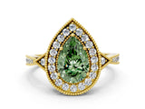 Yellow gold Fancy Green Pear  Halo Round Diamond Milgrain Pave Engagement Ring_3