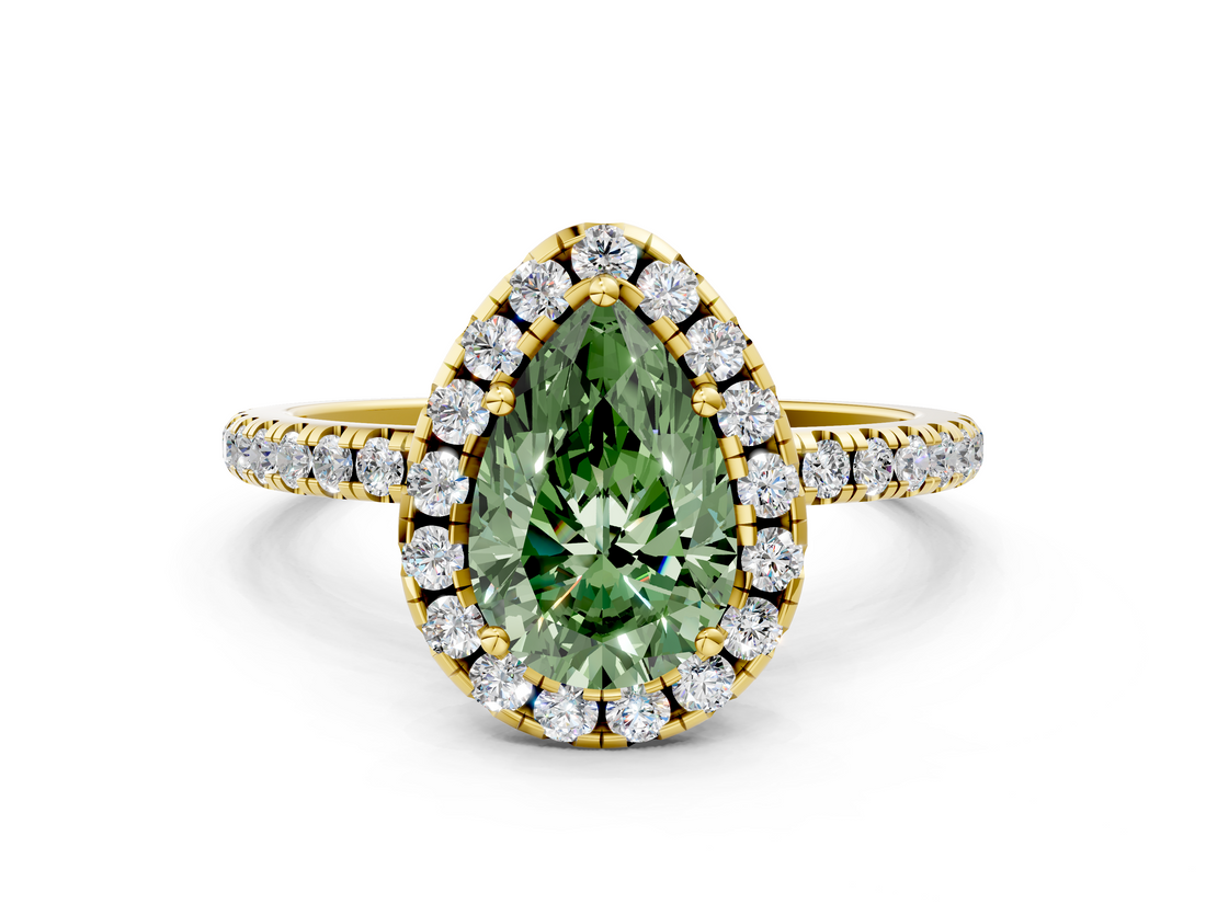 Yellow gold Fancy Green Pear  Halo Round Diamond Pavé Band Four-Prong Ring_3
