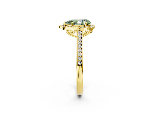 Yellow gold Fancy Green Pear  Halo Round Diamond Pave Band with Four-Prong Setting
