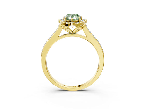 Yellow gold Fancy Green Pear  Halo Round Diamond Pave Band with Four-Prong Setting