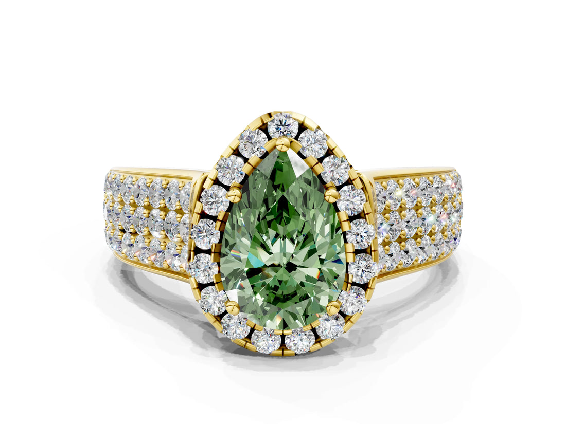 Yellow gold Fancy Green Pear  Halo Round Diamond Pave Band with Prong Setting
