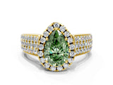 Yellow gold Fancy Green Pear  Halo Round Diamond Pave Band with Prong Setting