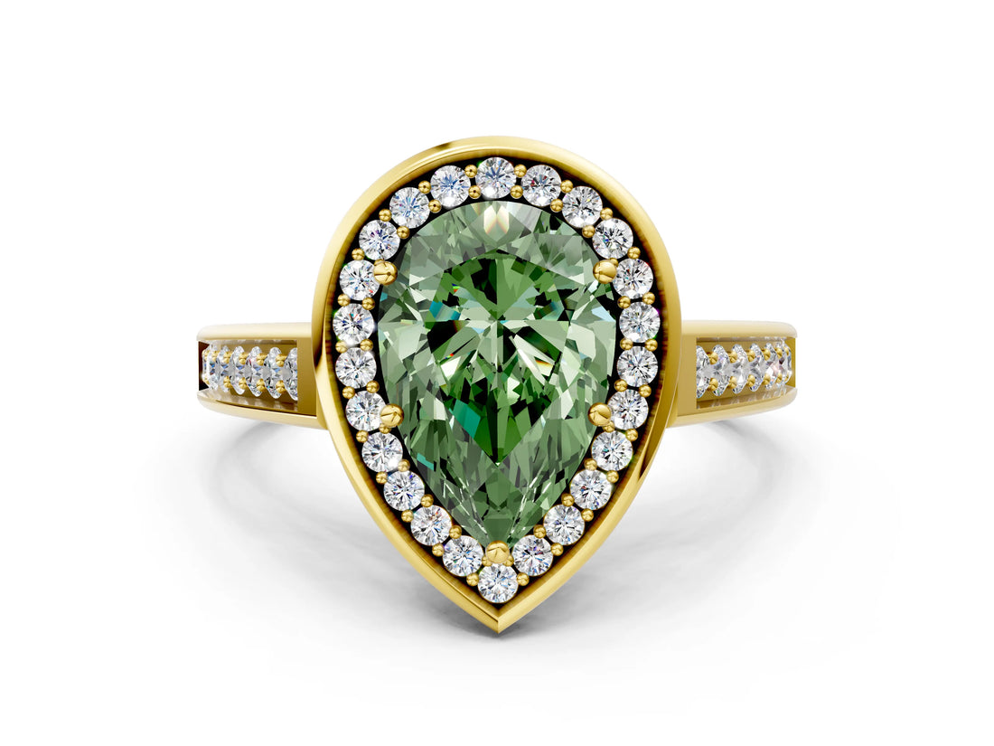 Yellow gold Fancy Green Pear  Halo Solitaire Diamond Ring with Pave Band and Bezel Setting_48