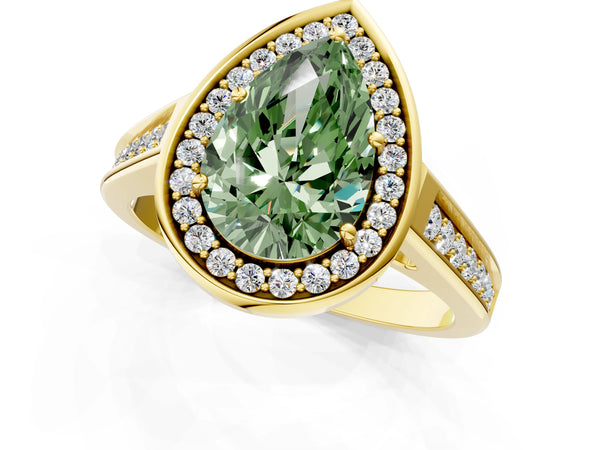 Yellow gold Fancy Green Pear  Halo Solitaire Diamond Ring with Pave Band and Bezel Setting