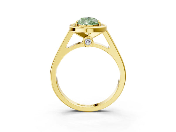 Yellow gold Fancy Green Pear  Halo Solitaire Diamond Ring with Pave Band and Bezel Setting