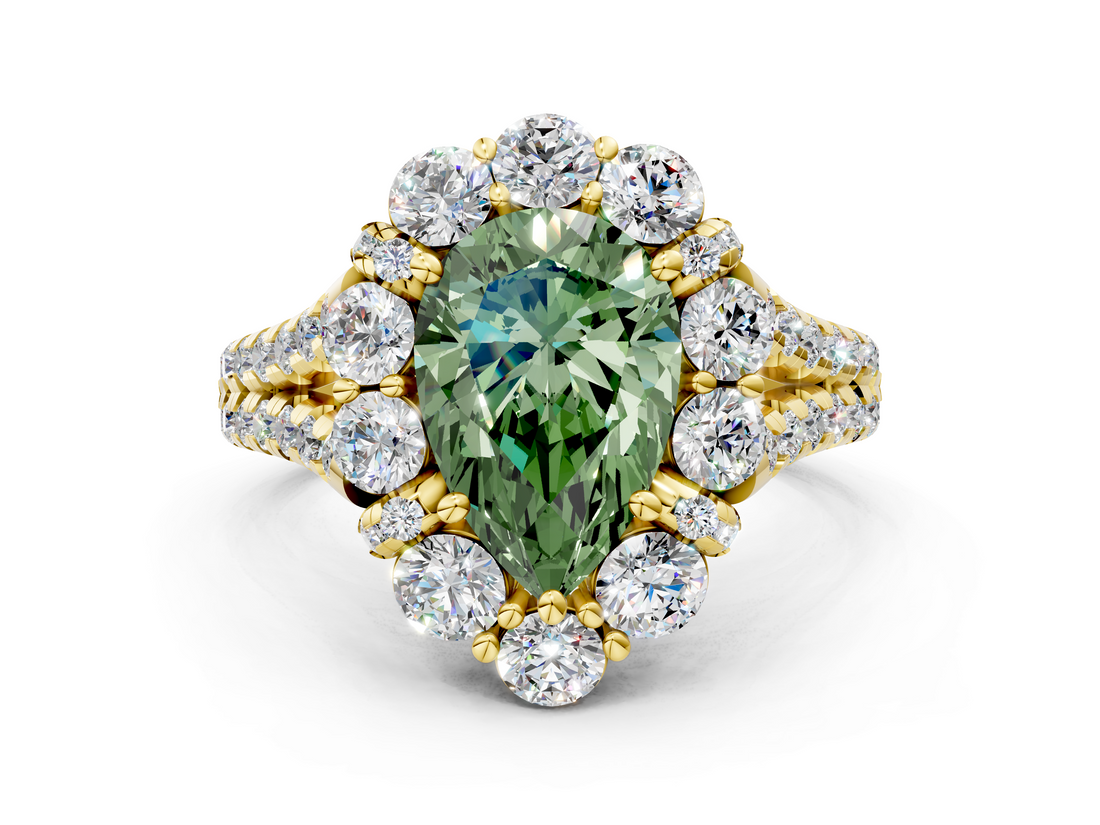 Yellow gold Fancy Green Pear  Halo Split Shank Diamond Engagement Ring with Pave Band and Four-Prong Setting_54