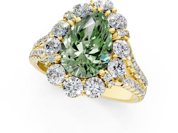 Yellow gold Fancy Green Pear  Halo Split Shank Diamond Engagement Ring with Pave Band and Four-Prong Setting