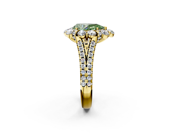 Yellow gold Fancy Green Pear  Halo Split Shank Diamond Engagement Ring with Pave Band and Four-Prong Setting