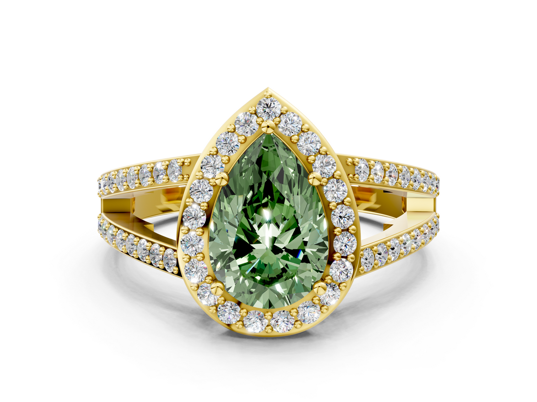 Yellow gold Fancy Green Pear  Halo Split Shank Diamond Ring with Four-Prong Setting_49