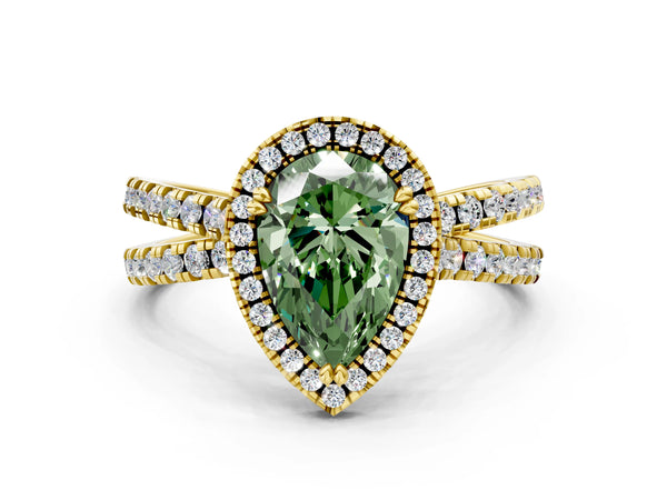 Yellow gold Fancy Green Pear  Halo Split Shank Diamond Ring with Pavé Setting