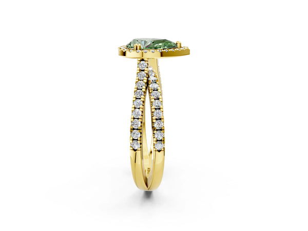 Yellow gold Fancy Green Pear  Halo Split Shank Diamond Ring with Pavé Setting