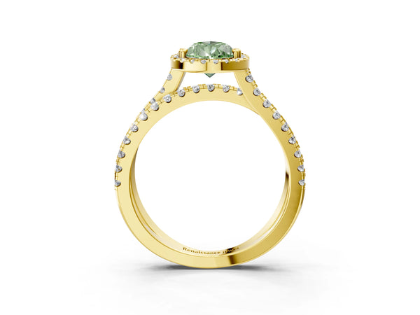 Yellow gold Fancy Green Pear  Halo Split Shank Diamond Ring with Pavé Setting