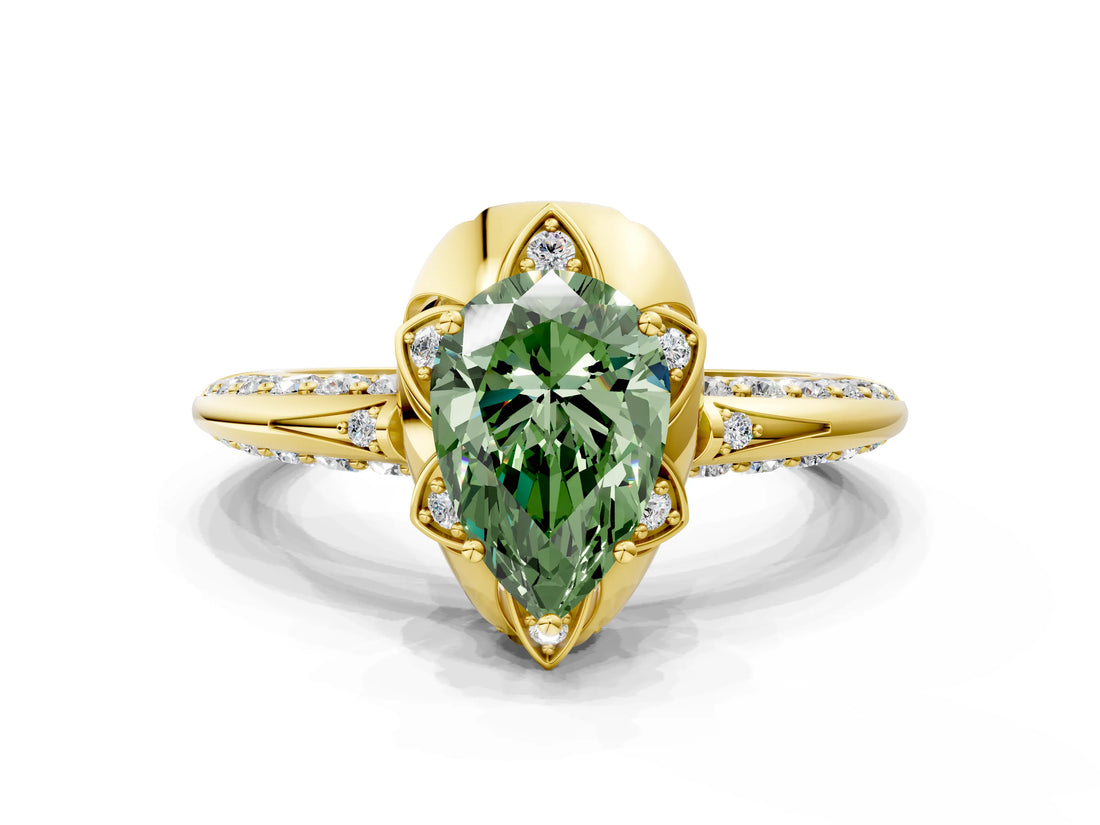 Yellow gold Fancy Green Pear  Halo Split Shank Pave Diamond Ring with Petal Prong Setting_20