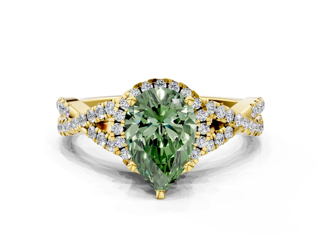 Yellow gold Fancy Green Pear  Halo Twist Band Solitaire Prong Setting Ring_81