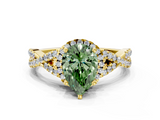 Yellow gold Fancy Green Pear  Halo Twist Band Solitaire Prong Setting Ring_81