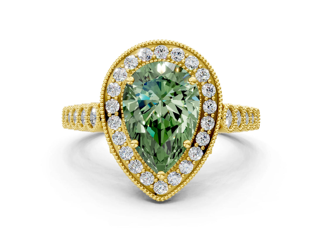 Yellow gold Fancy Green Pear  Halo Twist Band Solitaire Ring with Six-Prong Setting_32