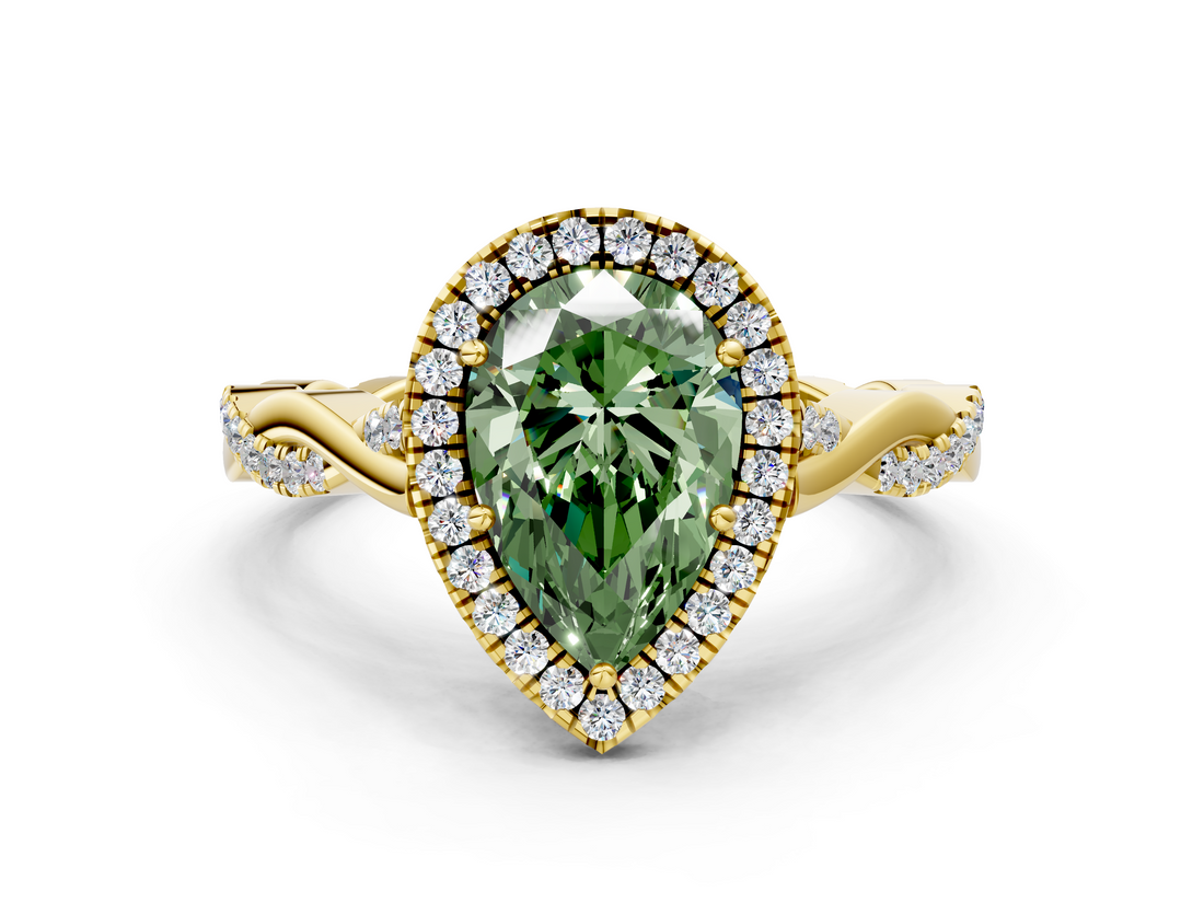 Yellow gold Fancy Green Pear  Halo Twist Band Solitaire Ring_20