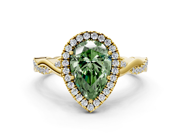 Yellow gold Fancy Green Pear  Halo Twist Band Solitaire Ring
