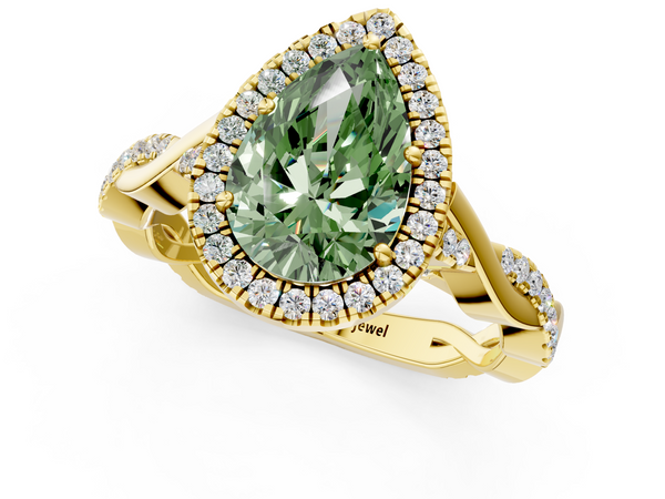 Yellow gold Fancy Green Pear  Halo Twist Band Solitaire Ring